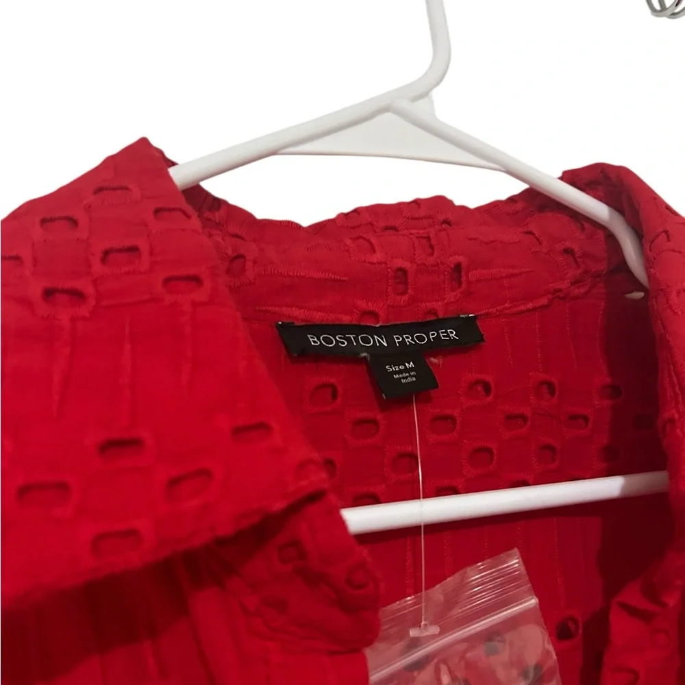 Boston Proper cherry Red schiffli Eyelet collared long sleeve Button-Up Shirt